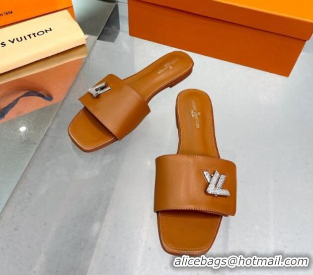 Top Quality Louis Vuitton Shake Leather Flat Slide Sandals with Crystal LV Twist Brown 1013023