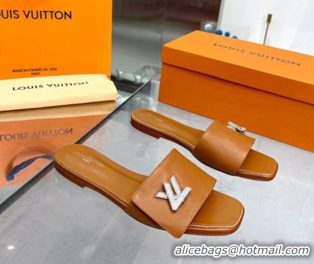 Top Quality Louis Vuitton Shake Leather Flat Slide Sandals with Crystal LV Twist Brown 1013023