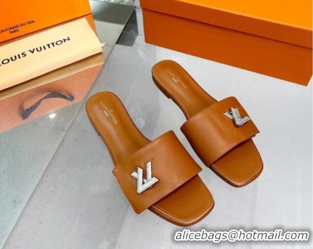 Top Quality Louis Vuitton Shake Leather Flat Slide Sandals with Crystal LV Twist Brown 1013023