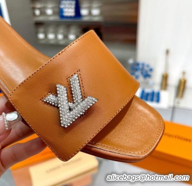 Top Quality Louis Vuitton Shake Leather Flat Slide Sandals with Crystal LV Twist Brown 1013023