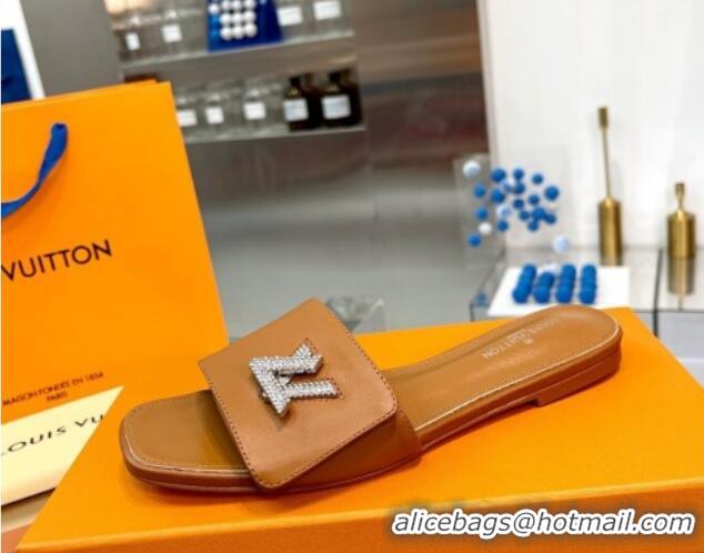 Top Quality Louis Vuitton Shake Leather Flat Slide Sandals with Crystal LV Twist Brown 1013023