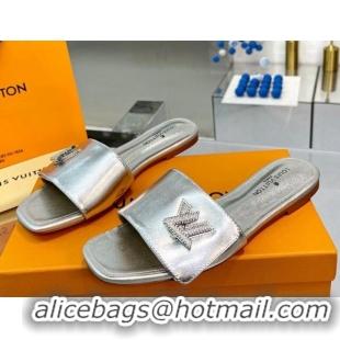 Top Quality Louis Vuitton Shake Leather Flat Slide Sandals with Crystal LV Twist Silver 1013024