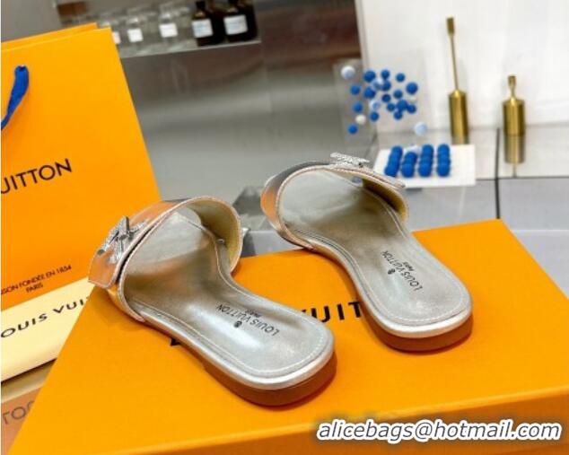 Top Quality Louis Vuitton Shake Leather Flat Slide Sandals with Crystal LV Twist Silver 1013024