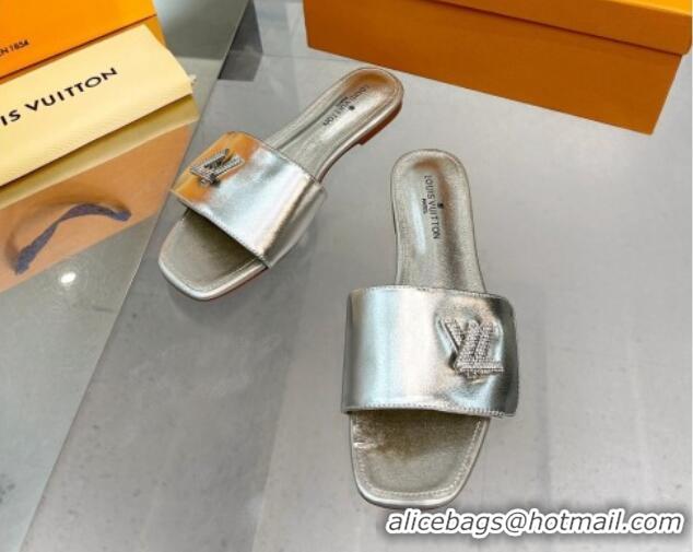 Top Quality Louis Vuitton Shake Leather Flat Slide Sandals with Crystal LV Twist Silver 1013024