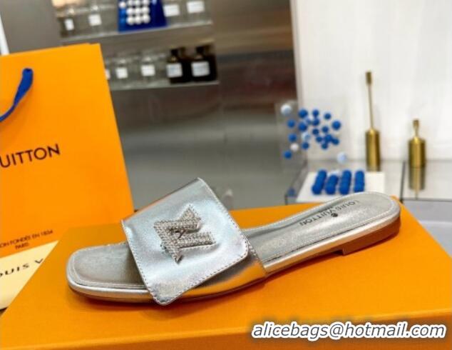 Top Quality Louis Vuitton Shake Leather Flat Slide Sandals with Crystal LV Twist Silver 1013024