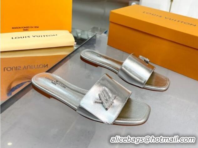 Top Quality Louis Vuitton Shake Leather Flat Slide Sandals with Crystal LV Twist Silver 1013024