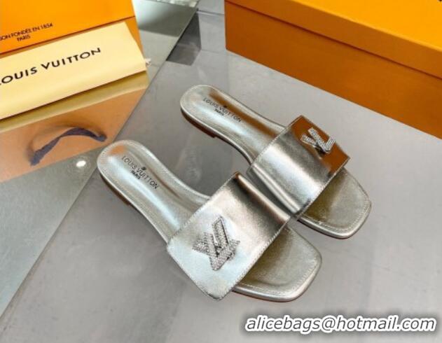 Top Quality Louis Vuitton Shake Leather Flat Slide Sandals with Crystal LV Twist Silver 1013024