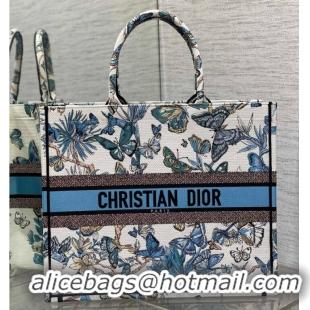 Top Quality LARGE DIOR BOOK TOTE White and Pastel Midnight Blue Toile de Jouy Mexico Embroidery M1286ZE