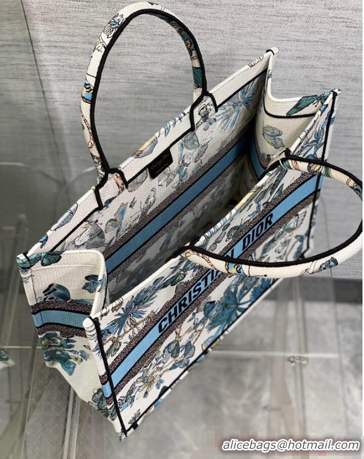 Top Quality LARGE DIOR BOOK TOTE White and Pastel Midnight Blue Toile de Jouy Mexico Embroidery M1286ZE