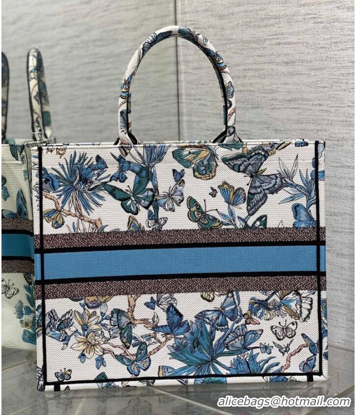 Top Quality LARGE DIOR BOOK TOTE White and Pastel Midnight Blue Toile de Jouy Mexico Embroidery M1286ZE