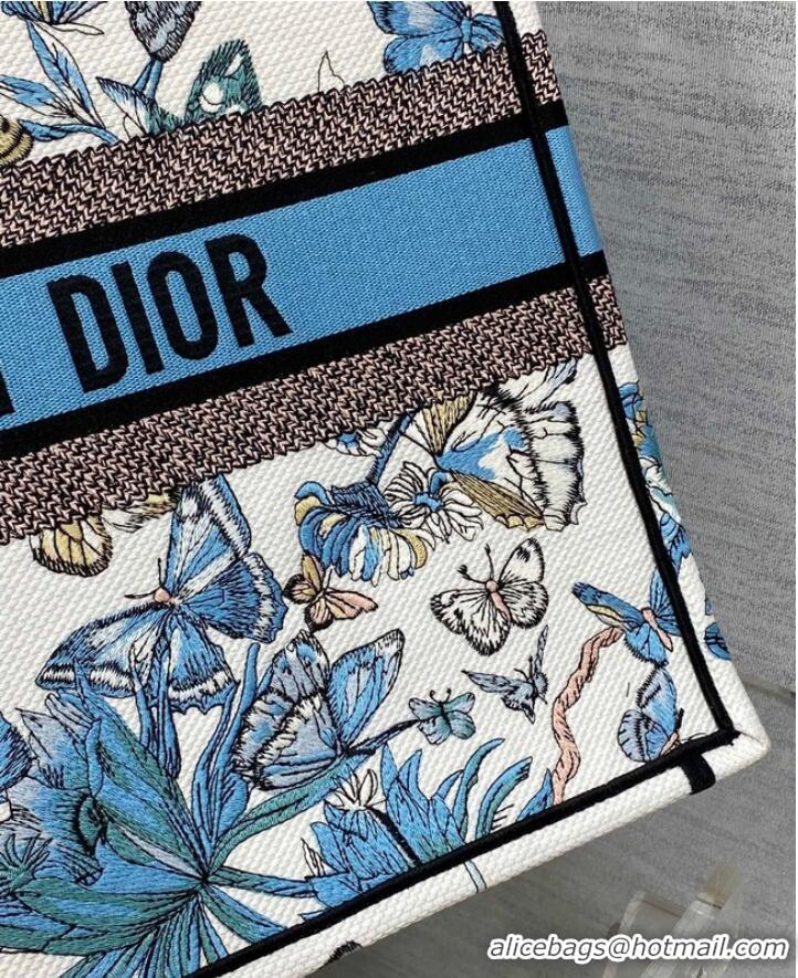 Top Quality LARGE DIOR BOOK TOTE White and Pastel Midnight Blue Toile de Jouy Mexico Embroidery M1286ZE