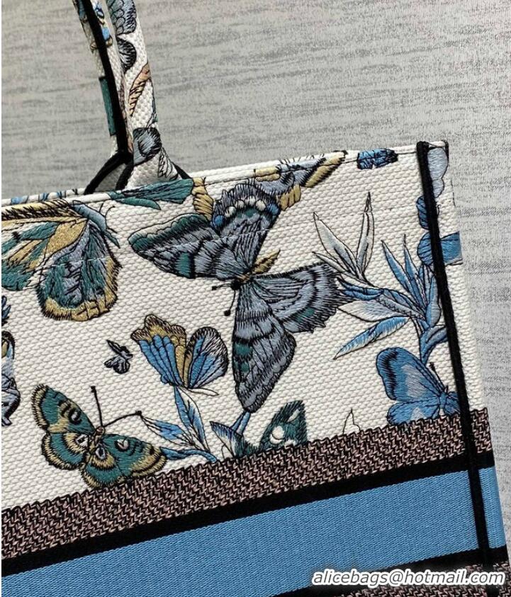 Top Quality LARGE DIOR BOOK TOTE White and Pastel Midnight Blue Toile de Jouy Mexico Embroidery M1286ZE