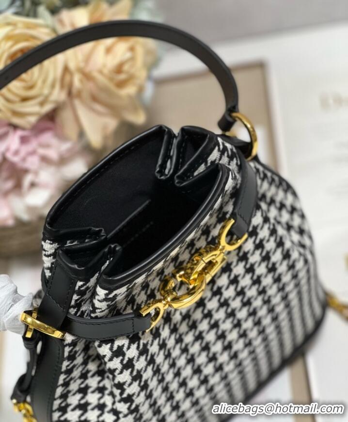 Classic Grade MEDIUM CEST DIOR BAG Black and White Houndstooth Embroidery Natural Cannage M2271UB