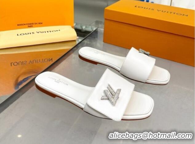 Cheap Price Louis Vuitton Shake Leather Flat Slide Sandals with Crystal LV Twist White 013025