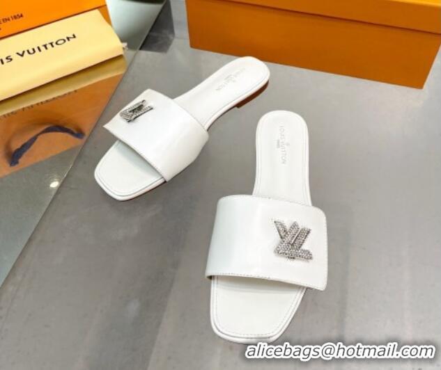 Cheap Price Louis Vuitton Shake Leather Flat Slide Sandals with Crystal LV Twist White 013025