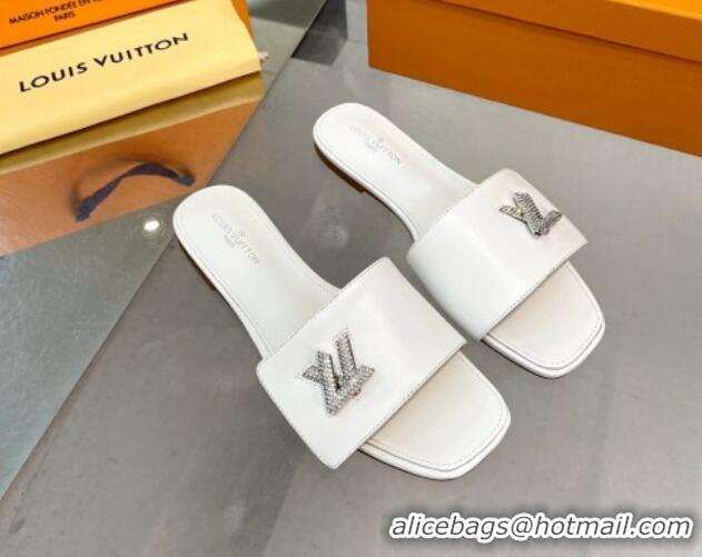 Cheap Price Louis Vuitton Shake Leather Flat Slide Sandals with Crystal LV Twist White 013025