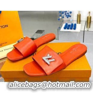 Pretty Style Louis Vuitton Shake Leather Flat Slide Sandals with Crystal LV Twist Orange 013026