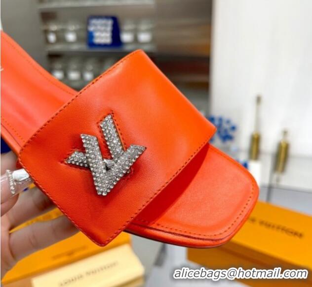 Pretty Style Louis Vuitton Shake Leather Flat Slide Sandals with Crystal LV Twist Orange 013026