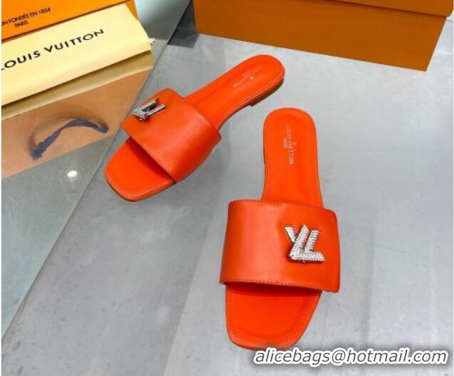 Pretty Style Louis Vuitton Shake Leather Flat Slide Sandals with Crystal LV Twist Orange 013026