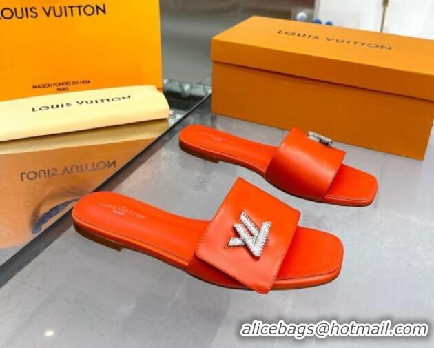 Pretty Style Louis Vuitton Shake Leather Flat Slide Sandals with Crystal LV Twist Orange 013026