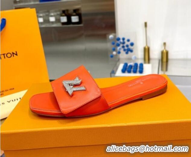 Pretty Style Louis Vuitton Shake Leather Flat Slide Sandals with Crystal LV Twist Orange 013026