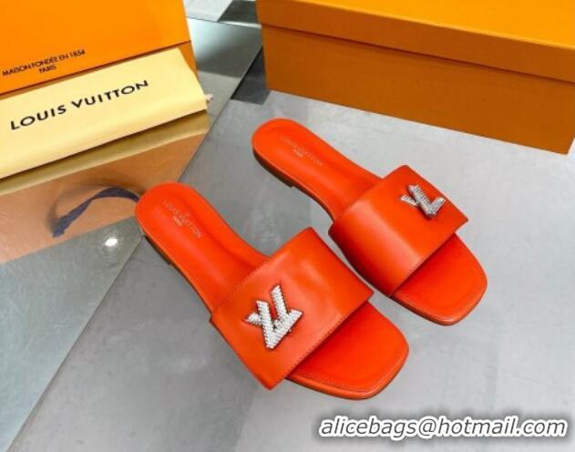 Pretty Style Louis Vuitton Shake Leather Flat Slide Sandals with Crystal LV Twist Orange 013026