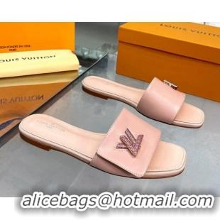 Good Looking Louis Vuitton Shake Leather Flat Slide Sandals with Crystal LV Twist Light Pink 1013027