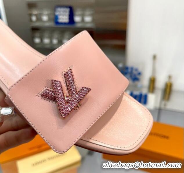 Good Looking Louis Vuitton Shake Leather Flat Slide Sandals with Crystal LV Twist Light Pink 1013027