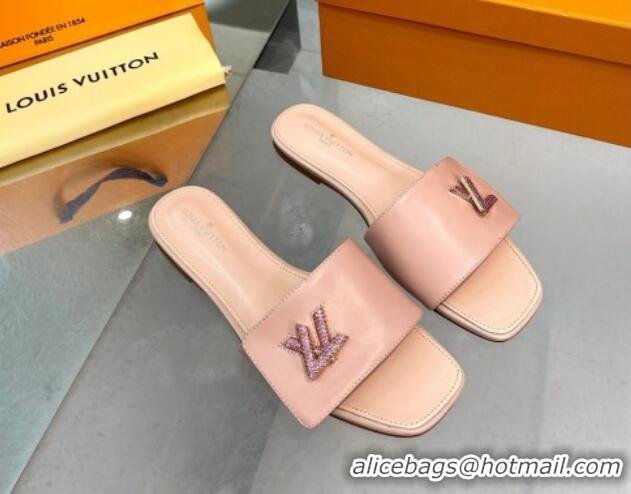 Good Looking Louis Vuitton Shake Leather Flat Slide Sandals with Crystal LV Twist Light Pink 1013027