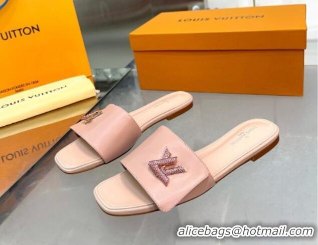 Good Looking Louis Vuitton Shake Leather Flat Slide Sandals with Crystal LV Twist Light Pink 1013027