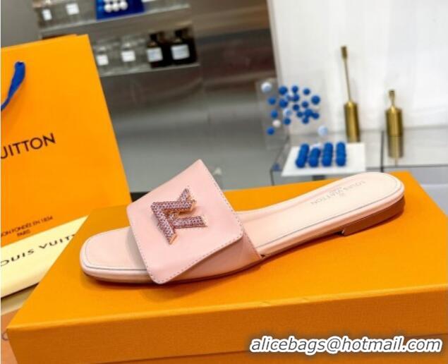 Good Looking Louis Vuitton Shake Leather Flat Slide Sandals with Crystal LV Twist Light Pink 1013027