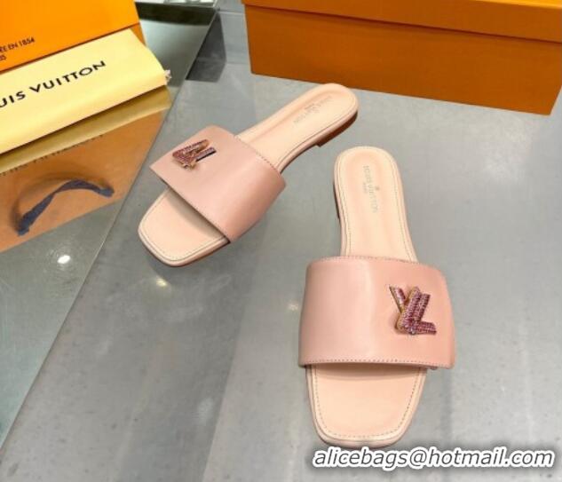 Good Looking Louis Vuitton Shake Leather Flat Slide Sandals with Crystal LV Twist Light Pink 1013027