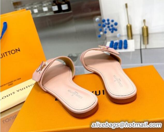 Good Looking Louis Vuitton Shake Leather Flat Slide Sandals with Crystal LV Twist Light Pink 1013027