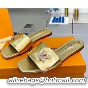 Best Product Louis Vuitton Shake Leather Flat Slide Sandals with Crystal LV Twist Gold 1013028