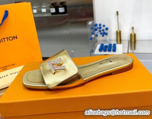 Best Product Louis Vuitton Shake Leather Flat Slide Sandals with Crystal LV Twist Gold 1013028