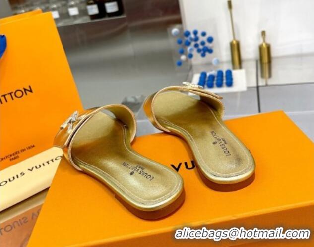 Best Product Louis Vuitton Shake Leather Flat Slide Sandals with Crystal LV Twist Gold 1013028