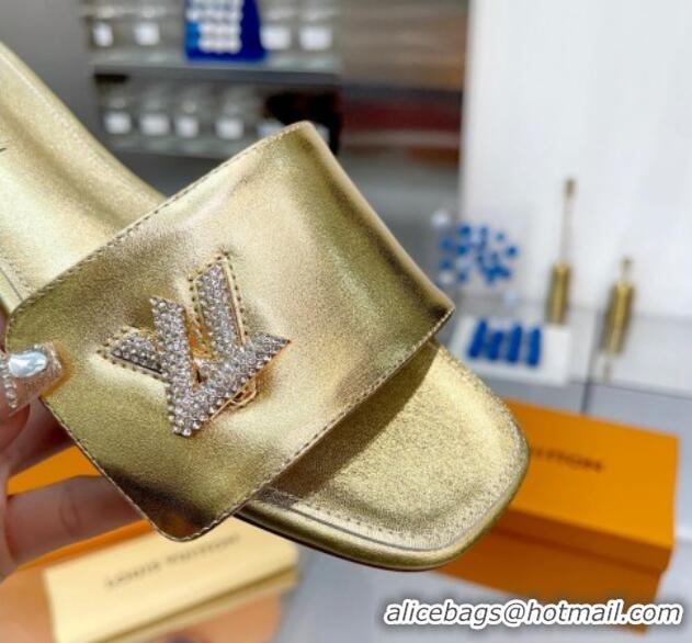 Best Product Louis Vuitton Shake Leather Flat Slide Sandals with Crystal LV Twist Gold 1013028