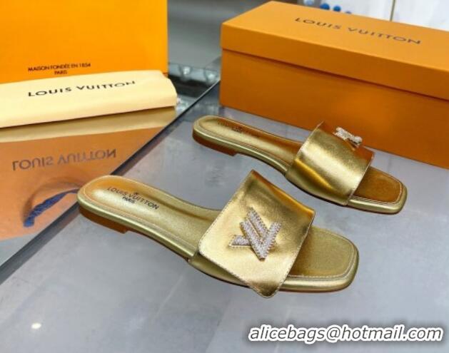 Best Product Louis Vuitton Shake Leather Flat Slide Sandals with Crystal LV Twist Gold 1013028