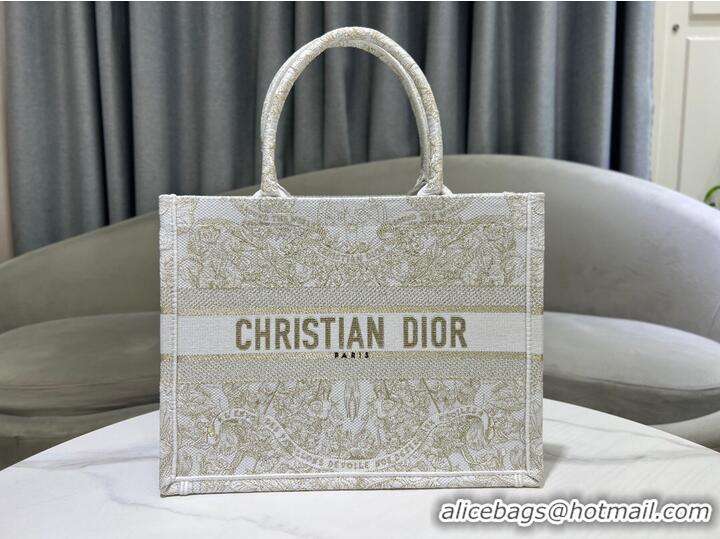 Pretty Style MEDIUM DIOR BOOK TOTE Gold-Tone and White Butterfly Around The World Embroidery M1296ZE