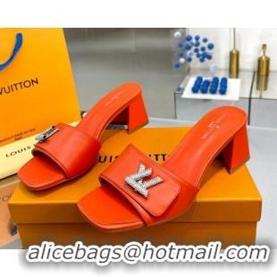 Top Design Louis Vuitton Shake Leather Heel Slide Sandals 5.5cm with Crystal LV Twist Orange 1013029