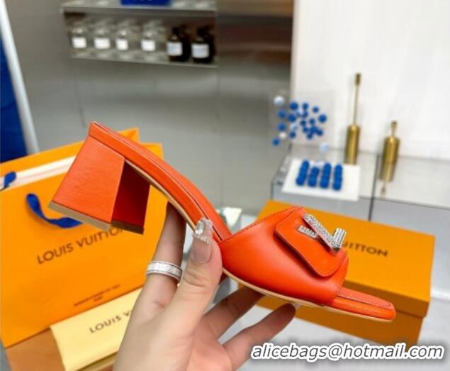 Top Design Louis Vuitton Shake Leather Heel Slide Sandals 5.5cm with Crystal LV Twist Orange 1013029