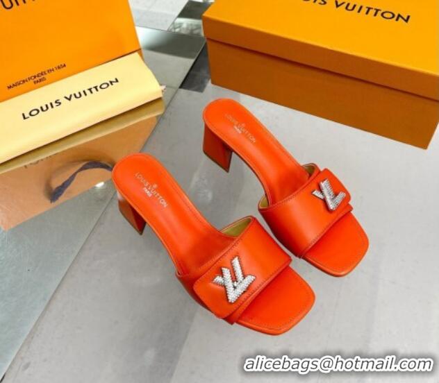 Top Design Louis Vuitton Shake Leather Heel Slide Sandals 5.5cm with Crystal LV Twist Orange 1013029