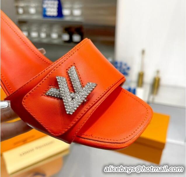 Top Design Louis Vuitton Shake Leather Heel Slide Sandals 5.5cm with Crystal LV Twist Orange 1013029