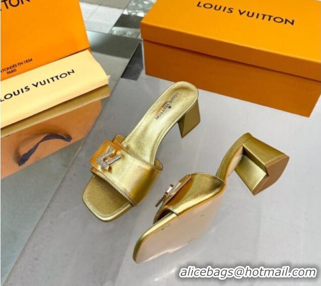 Best Grade Louis Vuitton Shake Leather Heel Slide Sandals 5.5cm with Crystal LV Twist Gold 1013030