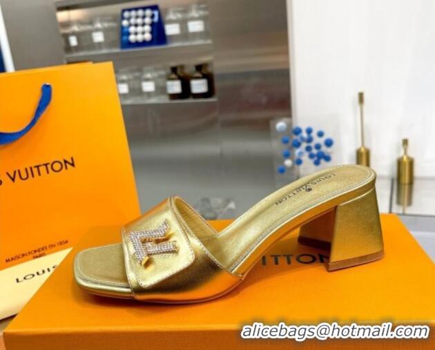 Best Grade Louis Vuitton Shake Leather Heel Slide Sandals 5.5cm with Crystal LV Twist Gold 1013030