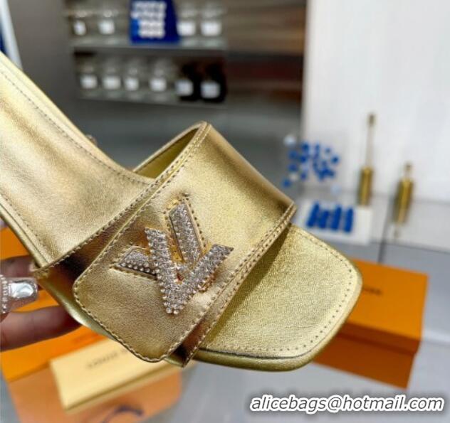 Best Grade Louis Vuitton Shake Leather Heel Slide Sandals 5.5cm with Crystal LV Twist Gold 1013030