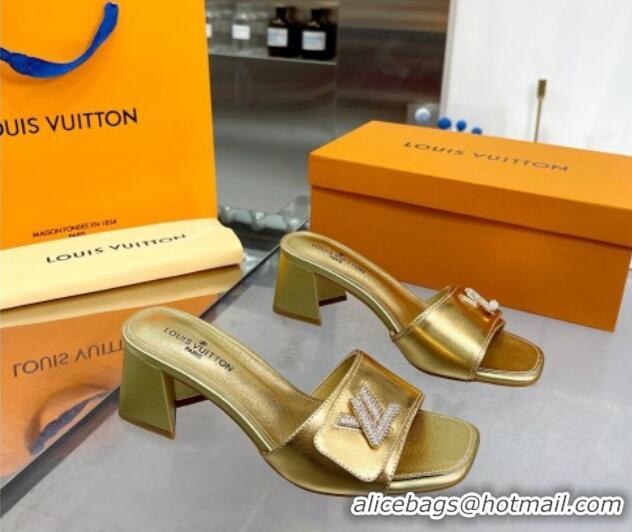 Best Grade Louis Vuitton Shake Leather Heel Slide Sandals 5.5cm with Crystal LV Twist Gold 1013030