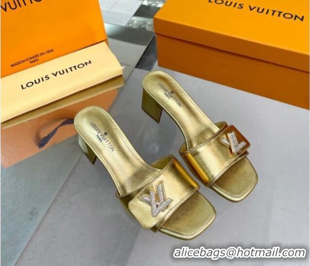 Best Grade Louis Vuitton Shake Leather Heel Slide Sandals 5.5cm with Crystal LV Twist Gold 1013030