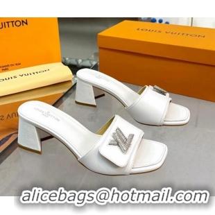 Top Grade Louis Vuitton Shake Leather Heel Slide Sandals 5.5cm with Crystal LV Twist White 1013031