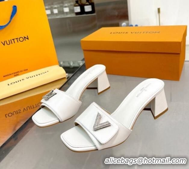 Top Grade Louis Vuitton Shake Leather Heel Slide Sandals 5.5cm with Crystal LV Twist White 1013031